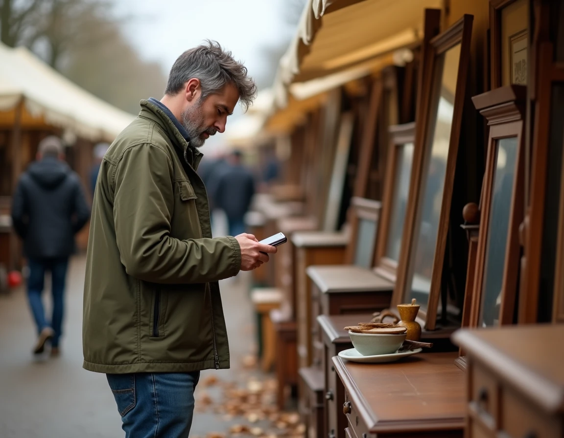 Homme consultant son téléphone pour s'informer des dates de brocante en Meurthe-et-Moselle lors d'un marché vintage automnal