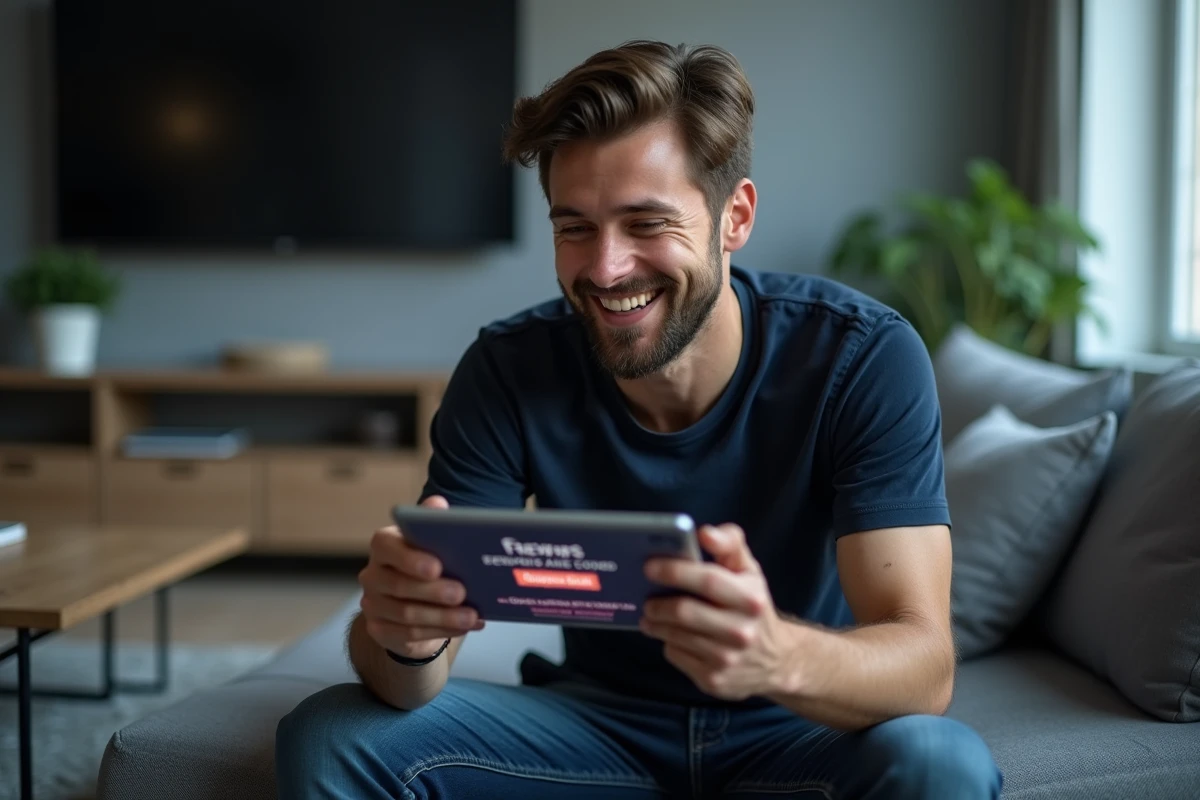 Homme sur un canapé consultant des coupons de jeu mobile Seven Deadly Sins sur tablette