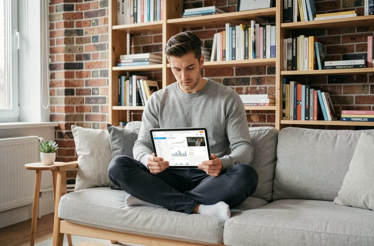 Homme lisant des actualités et tendances sur tablette dans un espace de travail à domicile minimaliste