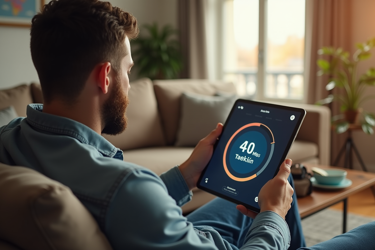 Homme utilisant une tablette dans un salon lumineux