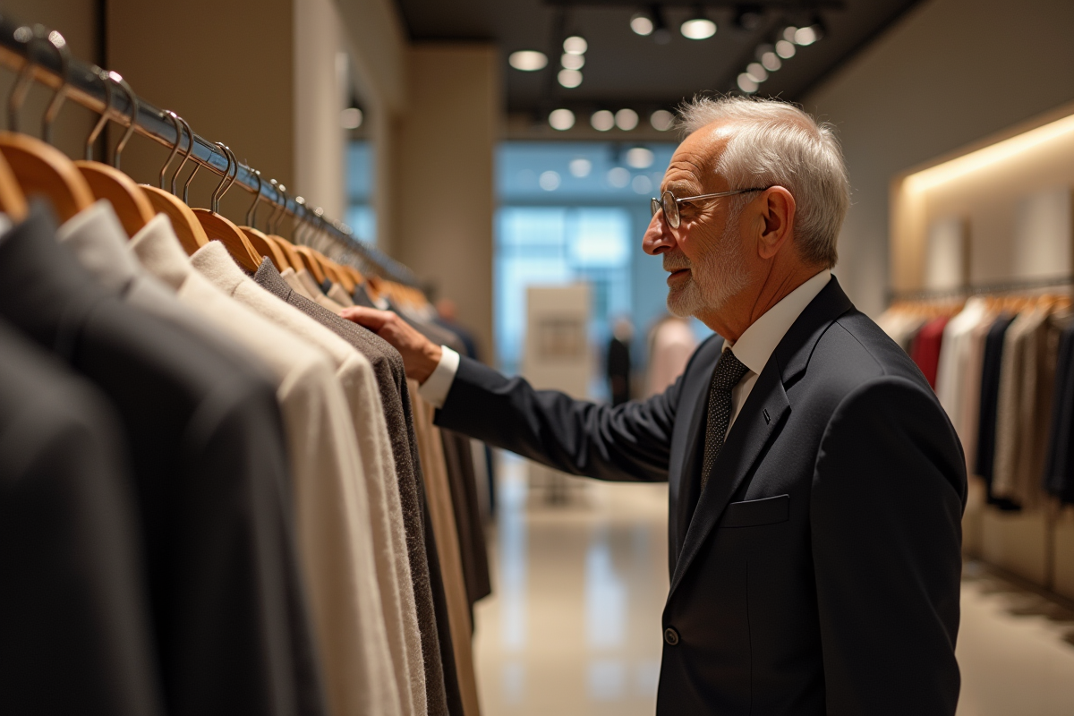 Homme admirant des vêtements en cachemire et soie dans un grand magasin