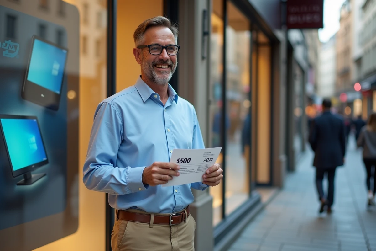Homme avec code promo devant une vitrine de magasin d’électronique