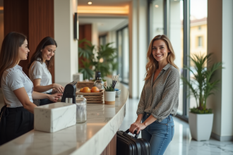 Femme souriante à l'accueil d'un hôtel chic à Nice