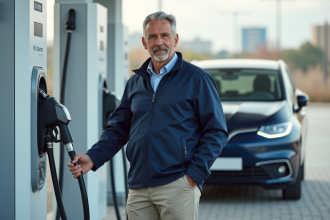 Ingénieur homme souriant devant station hydrogene moderne