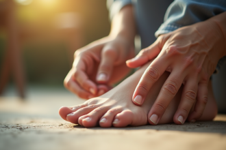 Personne mature inspectant son pied propre et sain en lumière naturelle