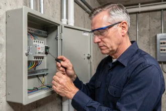 Homme installant un relais temporisé dans un tableau électrique ouvert dans une cave