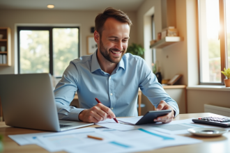 Investisseur immobilier souriant vérifiant des papiers dans une cuisine lumineuse