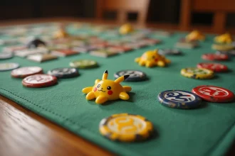 Jetons Pokémon Ripraz disposés sur un tapis de jeu vert avec des cartes Pokémon lors d'une partie