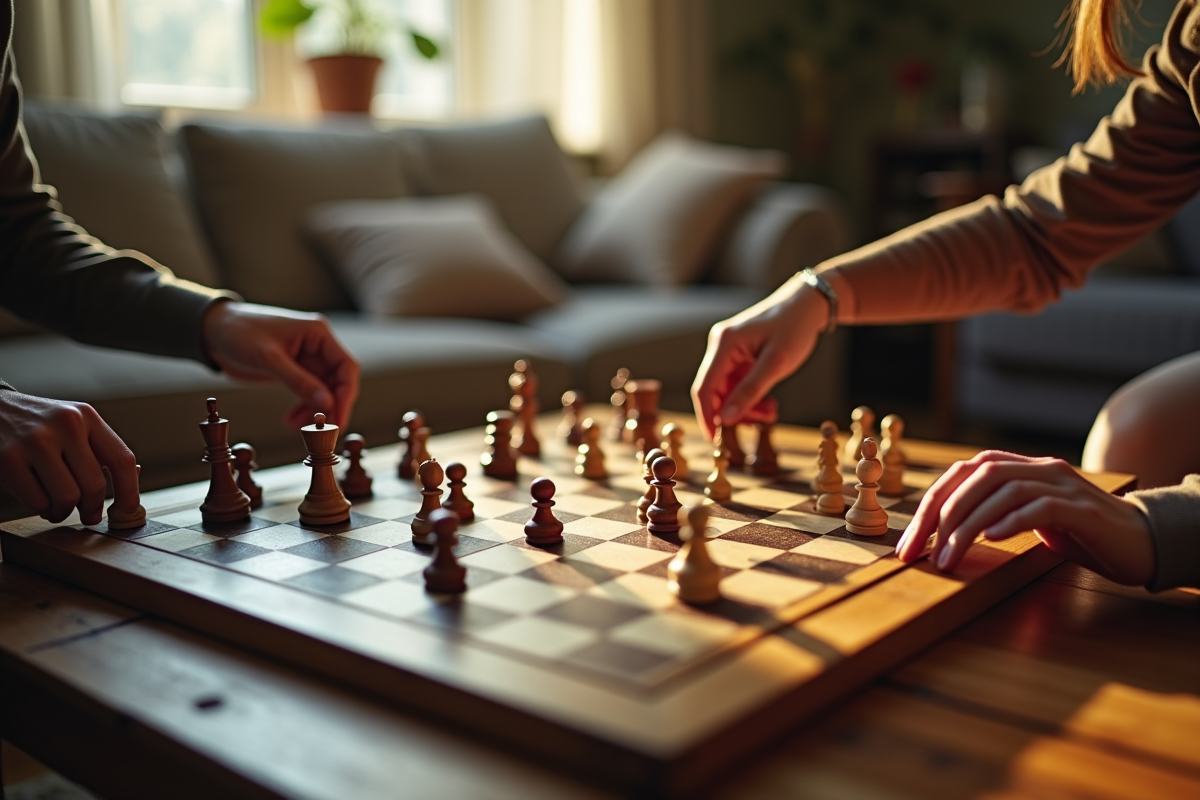 Partie de checkers en cours avec deux joueurs dans un salon lumineux