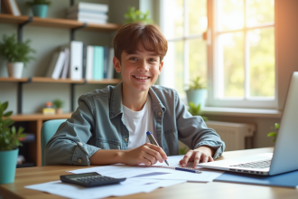 Jeune adulte souriant utilisant un ordinateur pour gérer son budget
