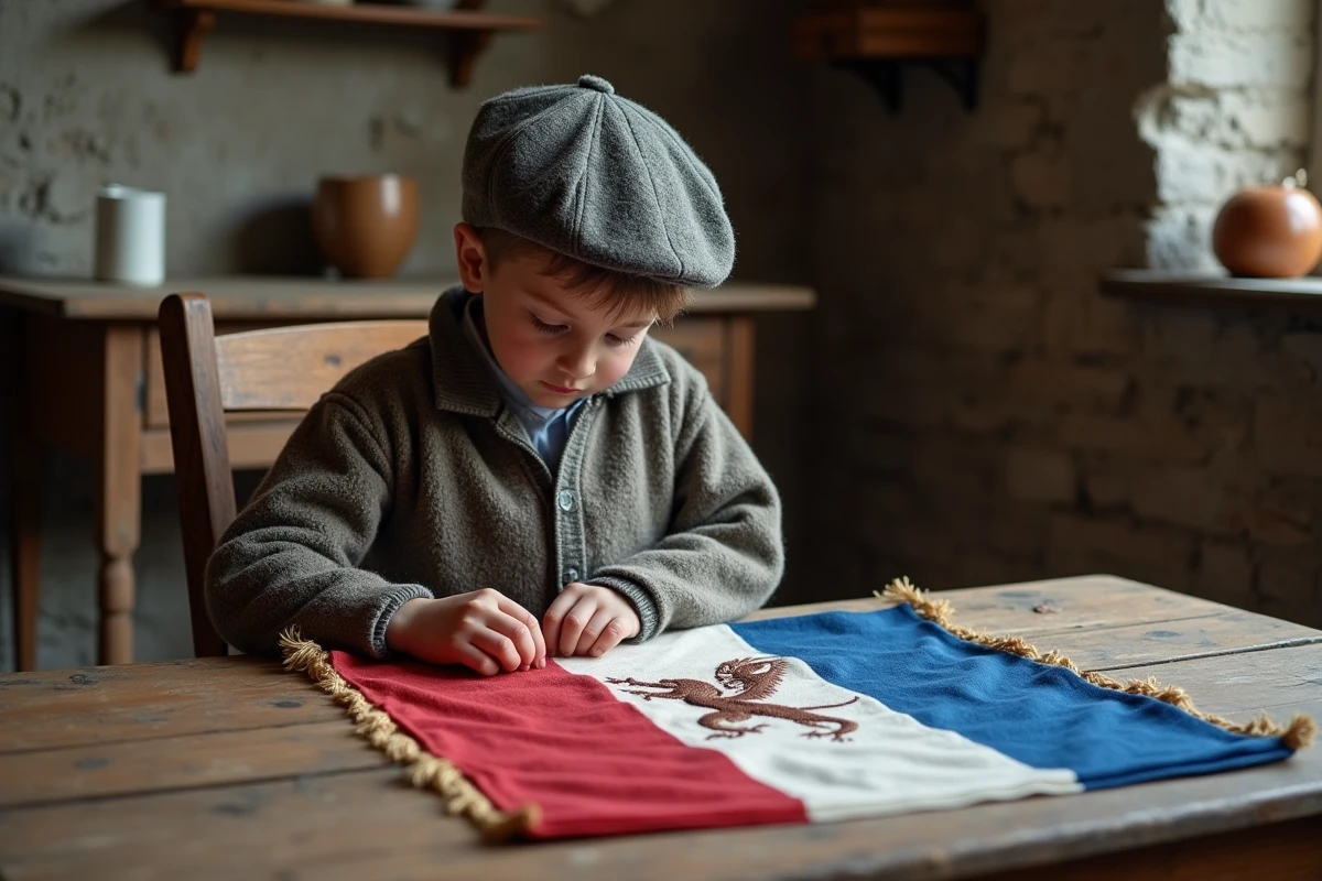Jeune garçon breton regardant un drapeau ancien