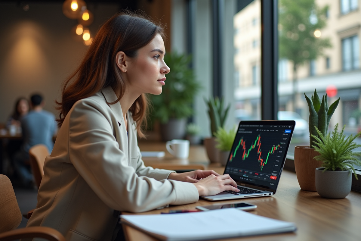 Jeune femme travaillant sur un ordinateur dans un café