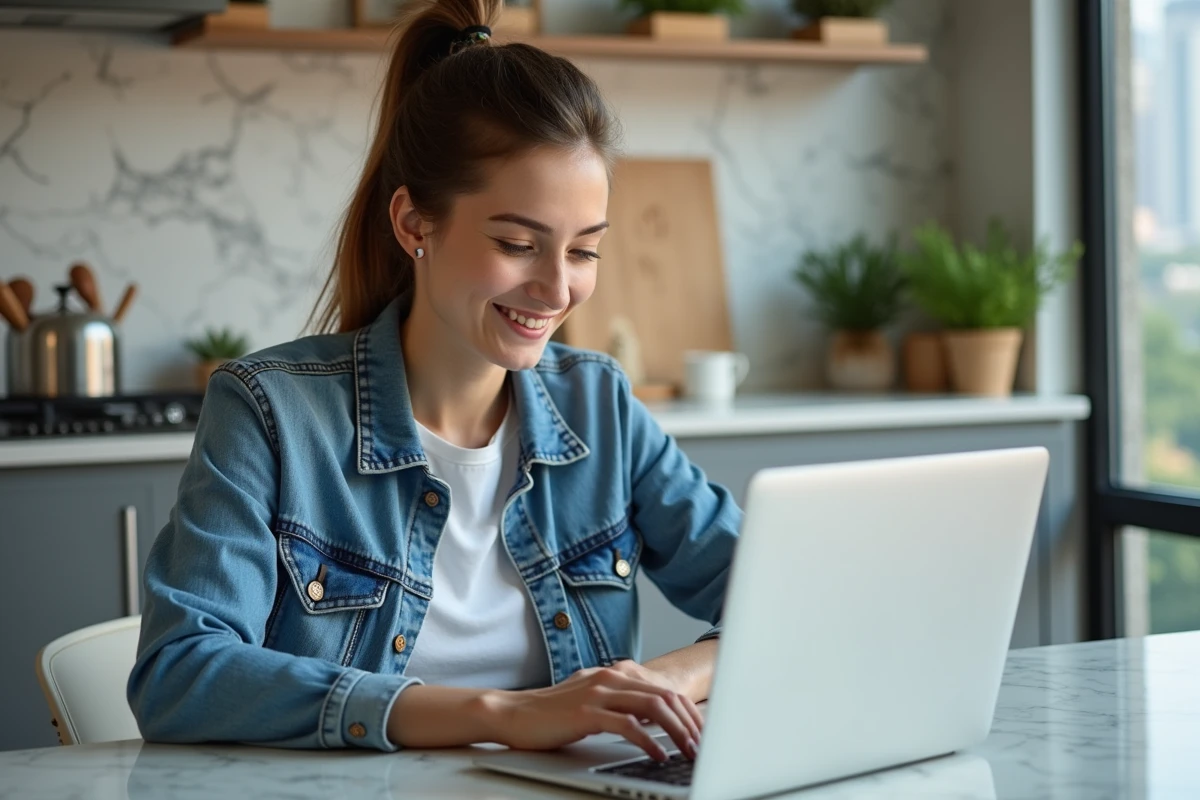Jeune femme souriante dans sa cuisine moderne avec ordinateur