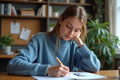 Jeune femme écrivant la lettre E dans un carnet dans un bureau cosy