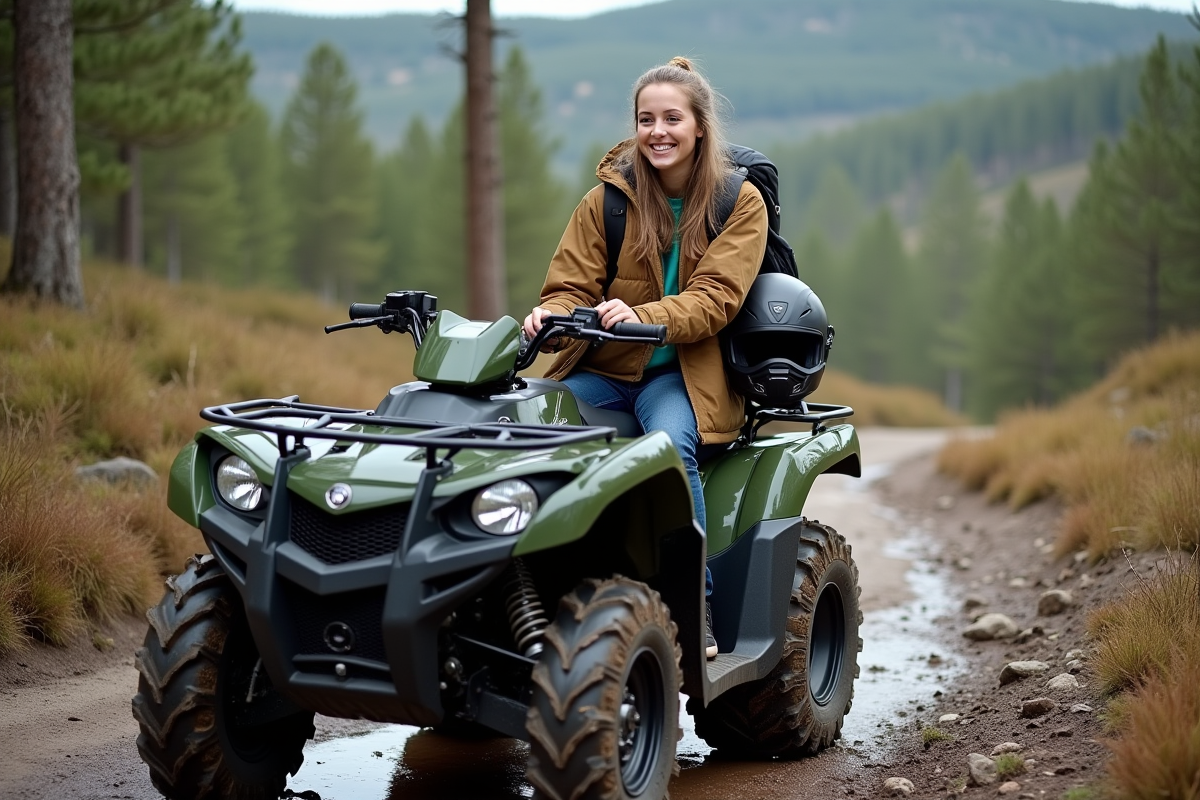 Jeune femme en tenue de randonnée souriante avec un quad en nature