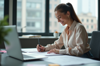 Jeune femme en bureau esquissant des wireframes