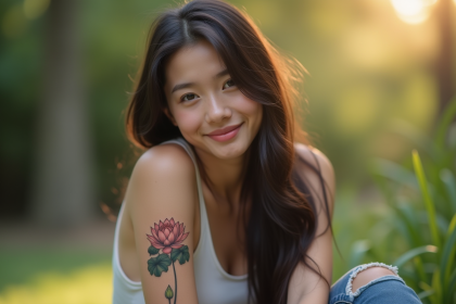 Jeune femme souriante avec tatouage lotus sur l'avant bras