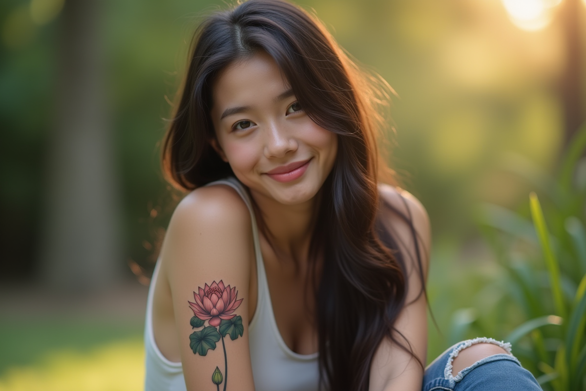 Jeune femme souriante avec tatouage lotus sur l'avant bras