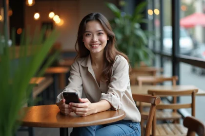 Jeune femme transgenre souriante dans un café chaleureux