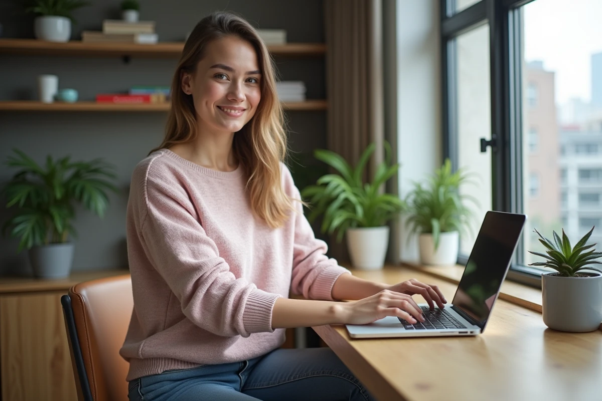 Jeune femme en pastel travaillant sur son ordinateur dans un appartement moderne