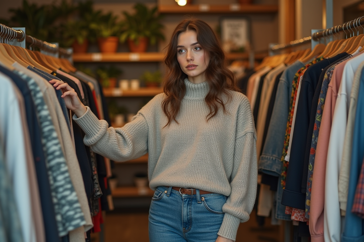 Jeune femme en mode vintage dans une boutique écologique