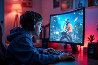 Jeune gamer concentré devant un ordinateur moderne lumineux