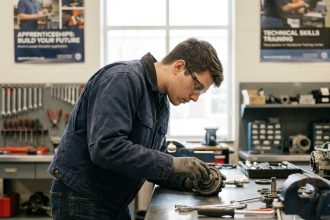 Jeune homme en atelier technique assemble une pièce mécanique