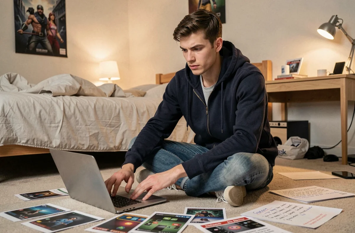 Jeune homme entouré de feuilles d'astuces imprimées pour résoudre les énigmes d'un jeu Rooms and Exits sur ordinateur portable