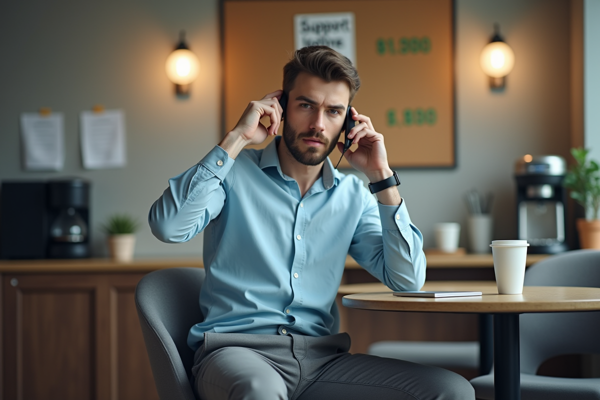 Jeune homme au bureau parlant au téléphone