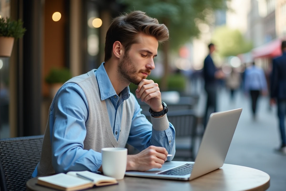 Jeune homme travaillant au café avec ordinateur et café
