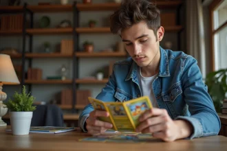 Jeune homme examine des cartes Pokémon dans son bureau