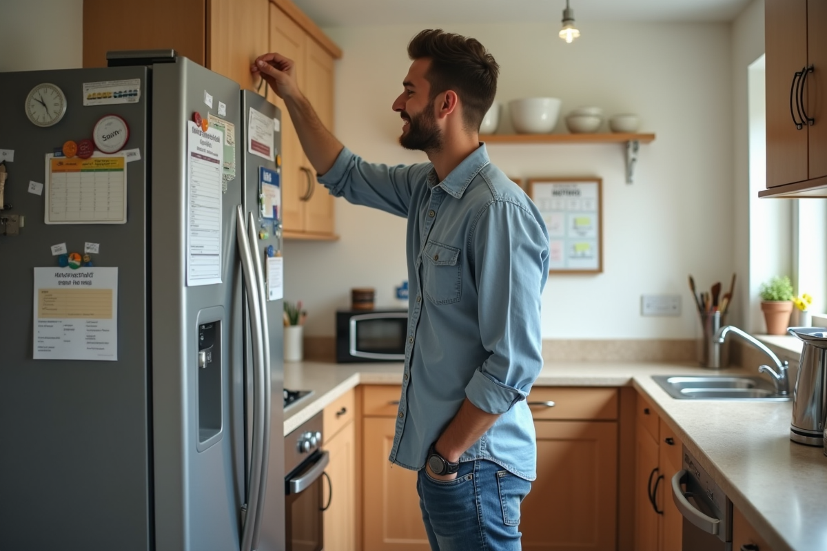 Jeune homme dans la cuisine affichant une liste de courses