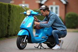 Jeune homme installant des decals sur un scooter bleu