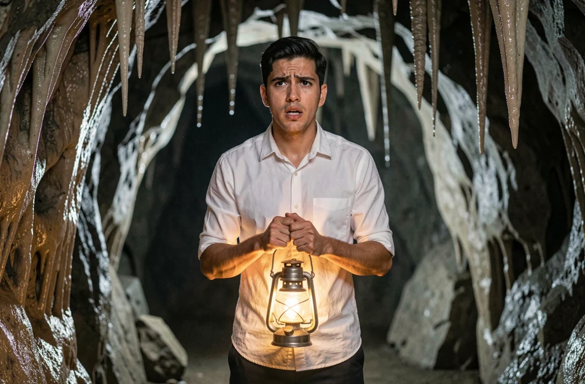 Jeune homme courageux dans une grotte sombre tenant une lanterne, inspiré des héros masculins Disney