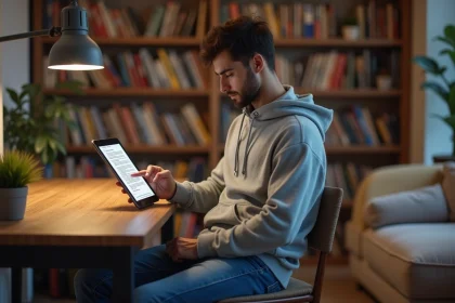 Jeune homme lisant un manga numérique à la maison
