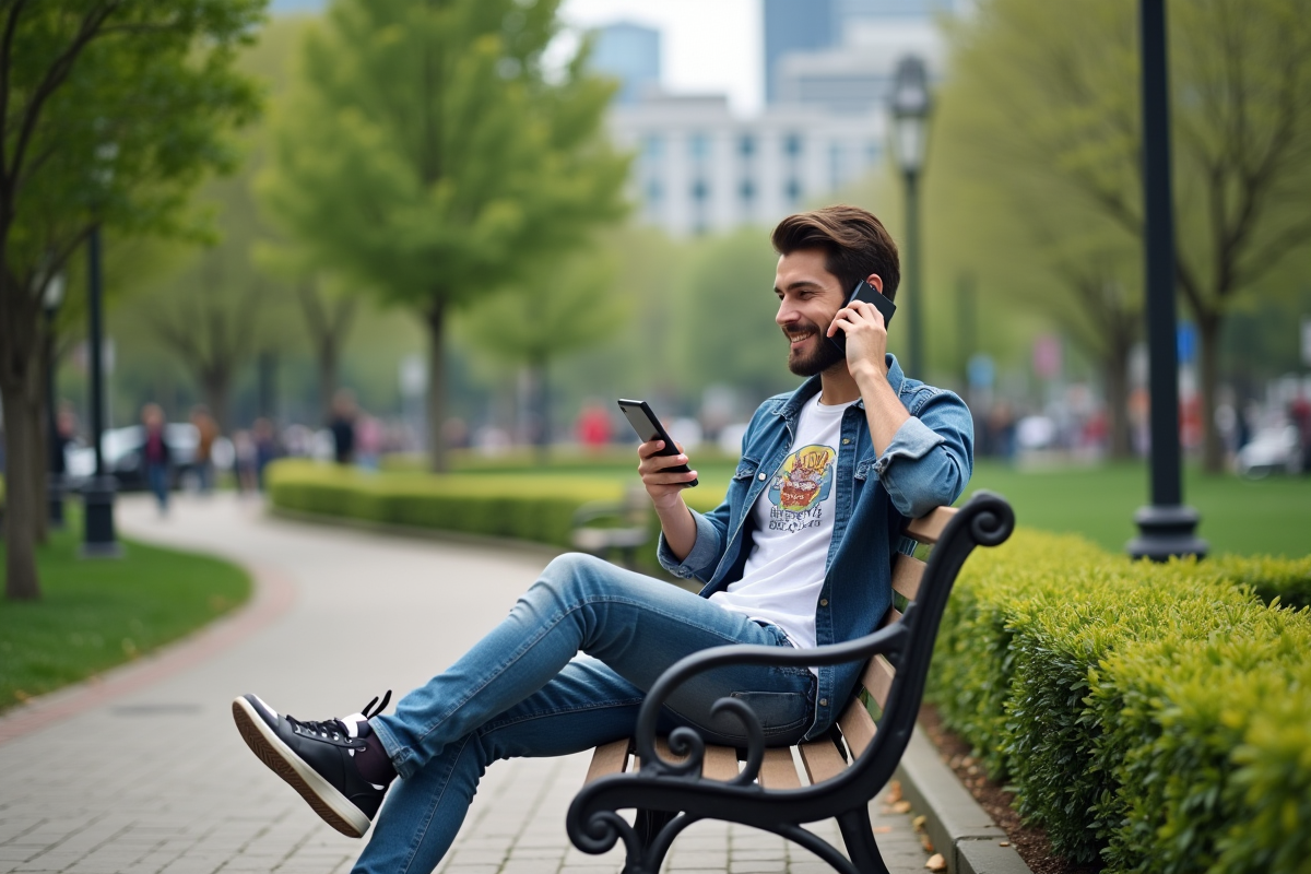 Jeune homme décontracté souriant en discutant au téléphone dans un parc urbain