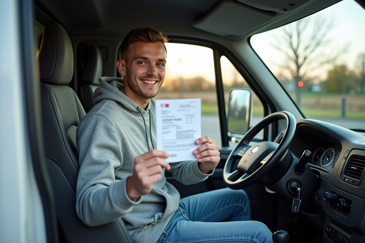 Jeune homme dans le camion avec son permis de conduire C1E