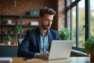 Jeune homme en blazer recherche en ligne sur son ordinateur