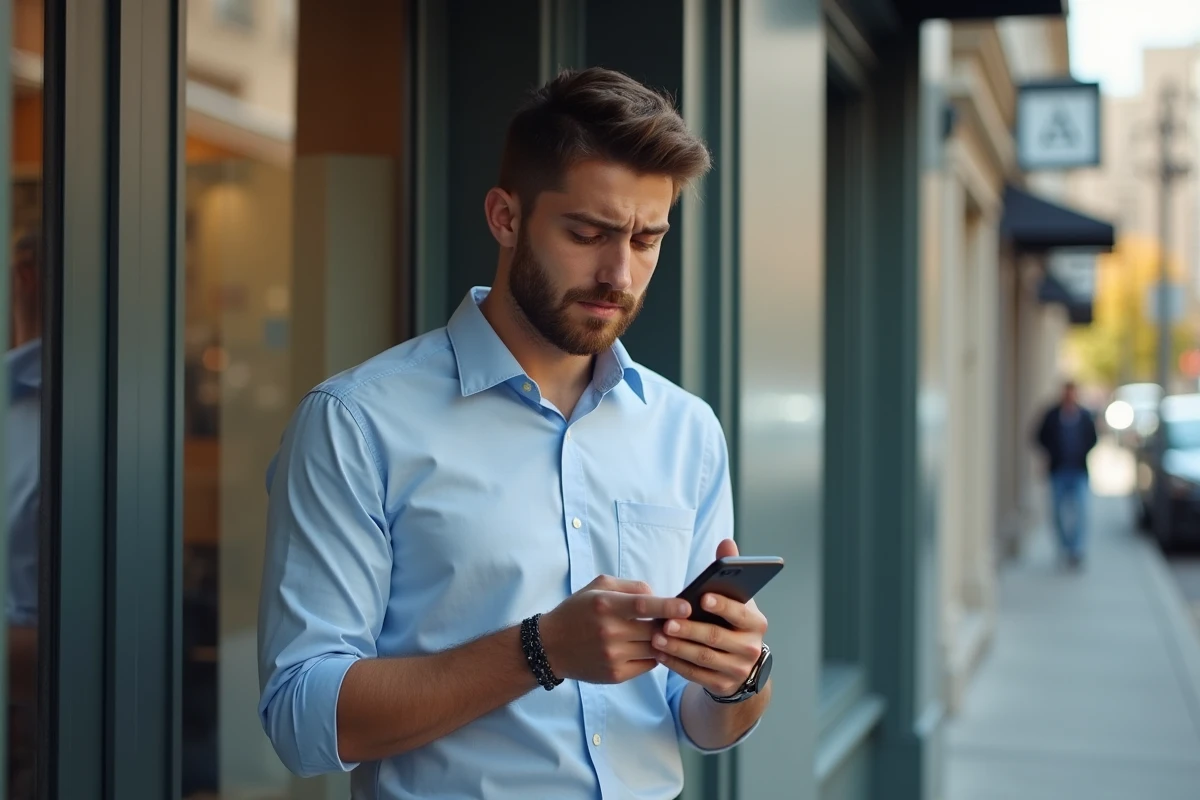 Jeune homme regardant son smartphone avec une expression perplexe dans la rue