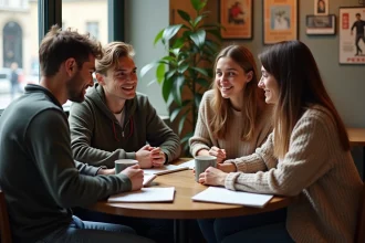 Quatre jeunes adultes discutent dans un café parisien chaleureux