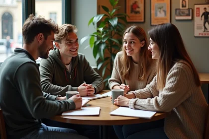Quatre jeunes adultes discutent dans un café parisien chaleureux
