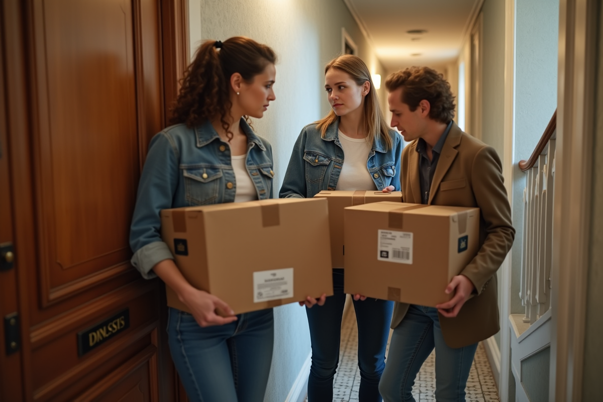 Jeunes adultes emballant des caisses dans un couloir parisien