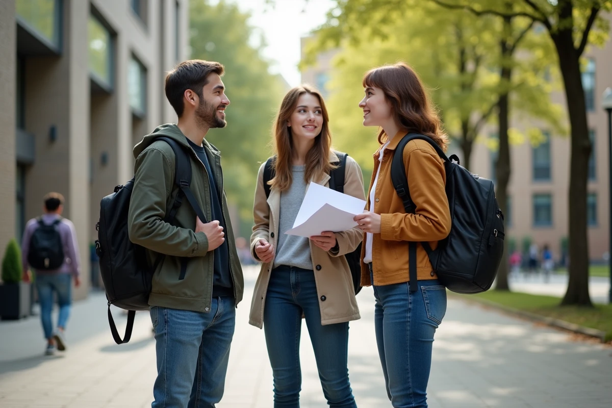 Trois jeunes étudiants parlent devant un bâtiment universitaire