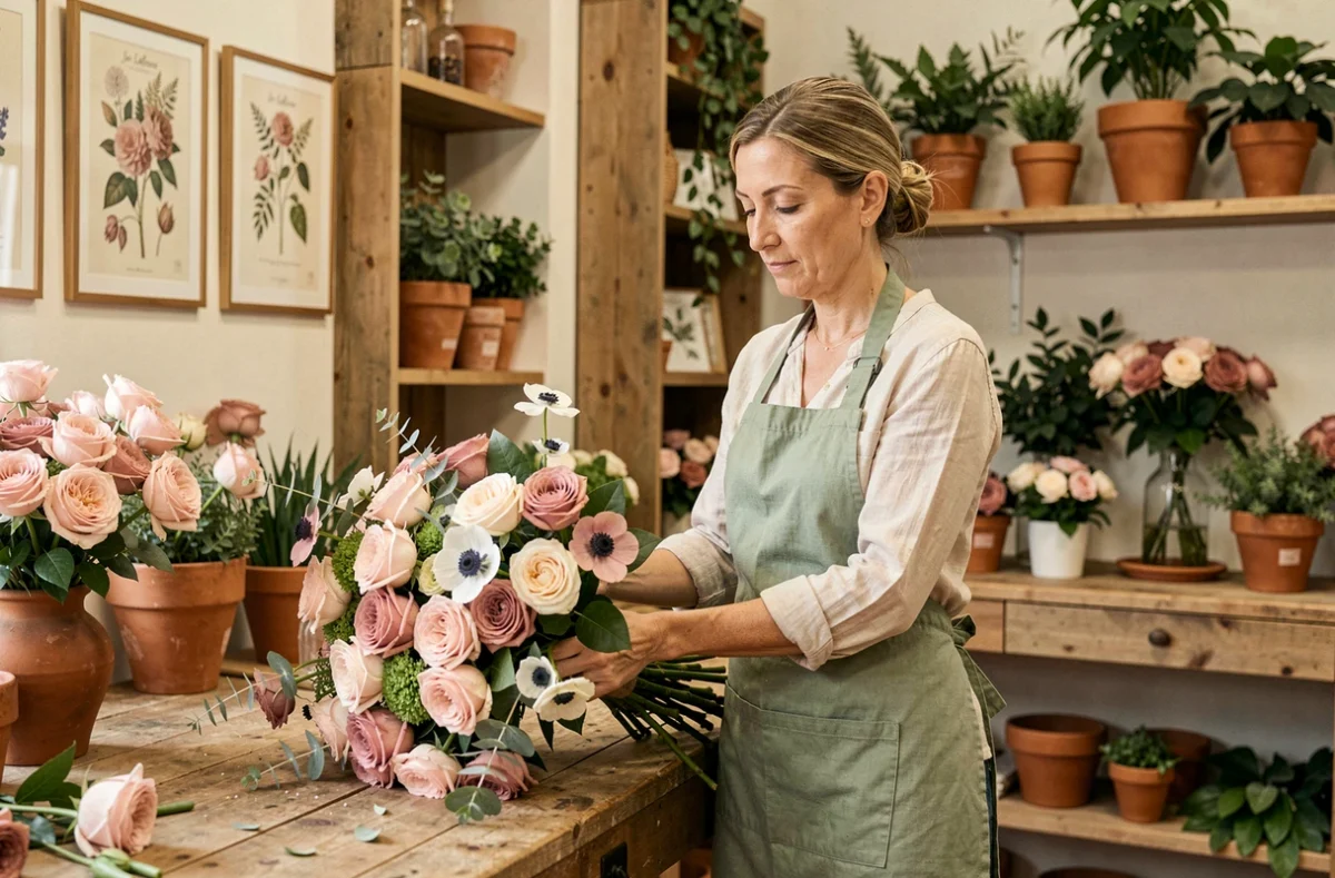 Fleuriste de Jo Lafleur arrangeant un bouquet de roses et anémones dans sa boutique au décor en bois naturel