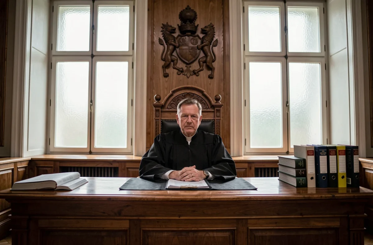 Juge en robe noire examinant un dossier dans une salle de tribunal française, dans le contexte d'une violation de mesure d'éloignement