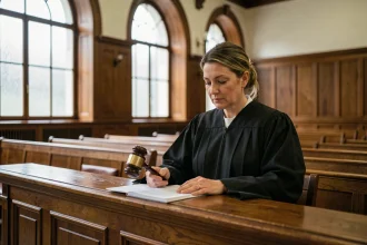 Juge en robe noire tenant un marteau dans un tribunal français, illustrant une décision judiciaire de débouté