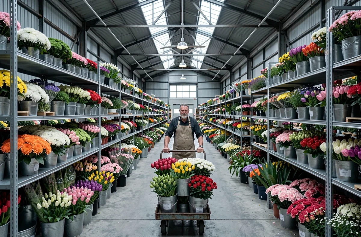Intérieur spacieux de La Halle aux Fleurs avec des rayonnages chargés de tulipes et chrysanthèmes en gros