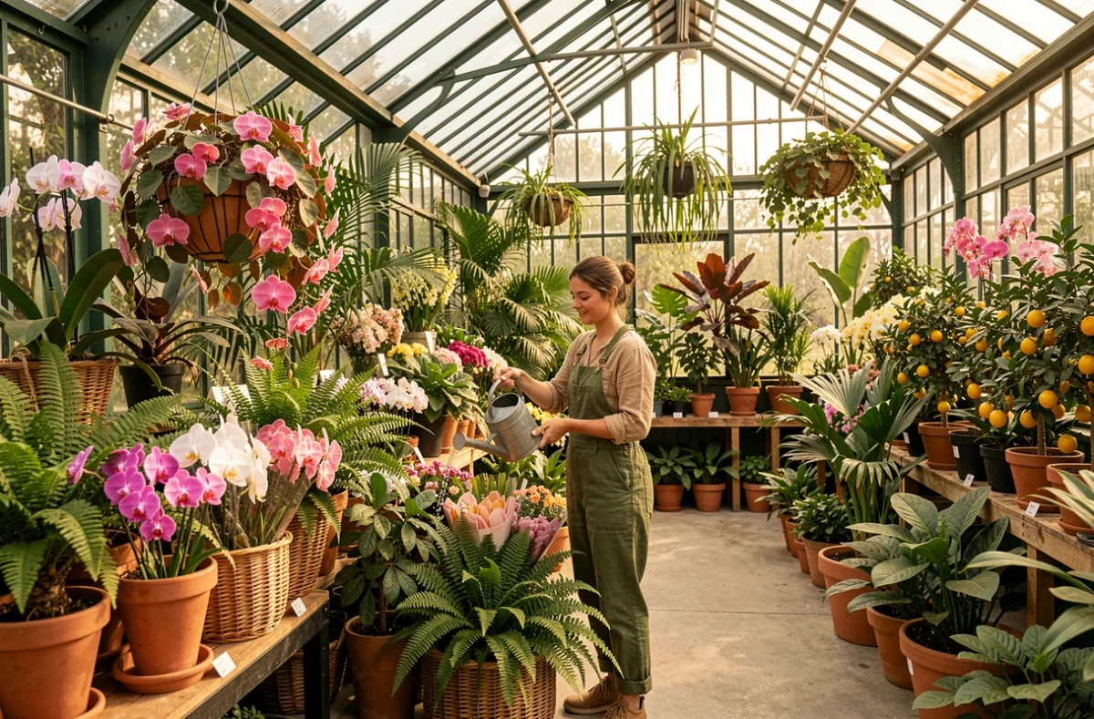 Boutique La Serre dans une structure de verre avec orchidées, fougères et plantes tropicales en abondance