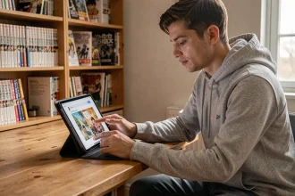 Jeune homme lisant un webtoon sur tablette dans un appartement avec des étagères de mangas en arrière-plan