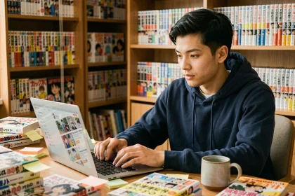 Jeune homme lisant des scans One Piece en version française sur son ordinateur portable dans un bureau décoré de mangas